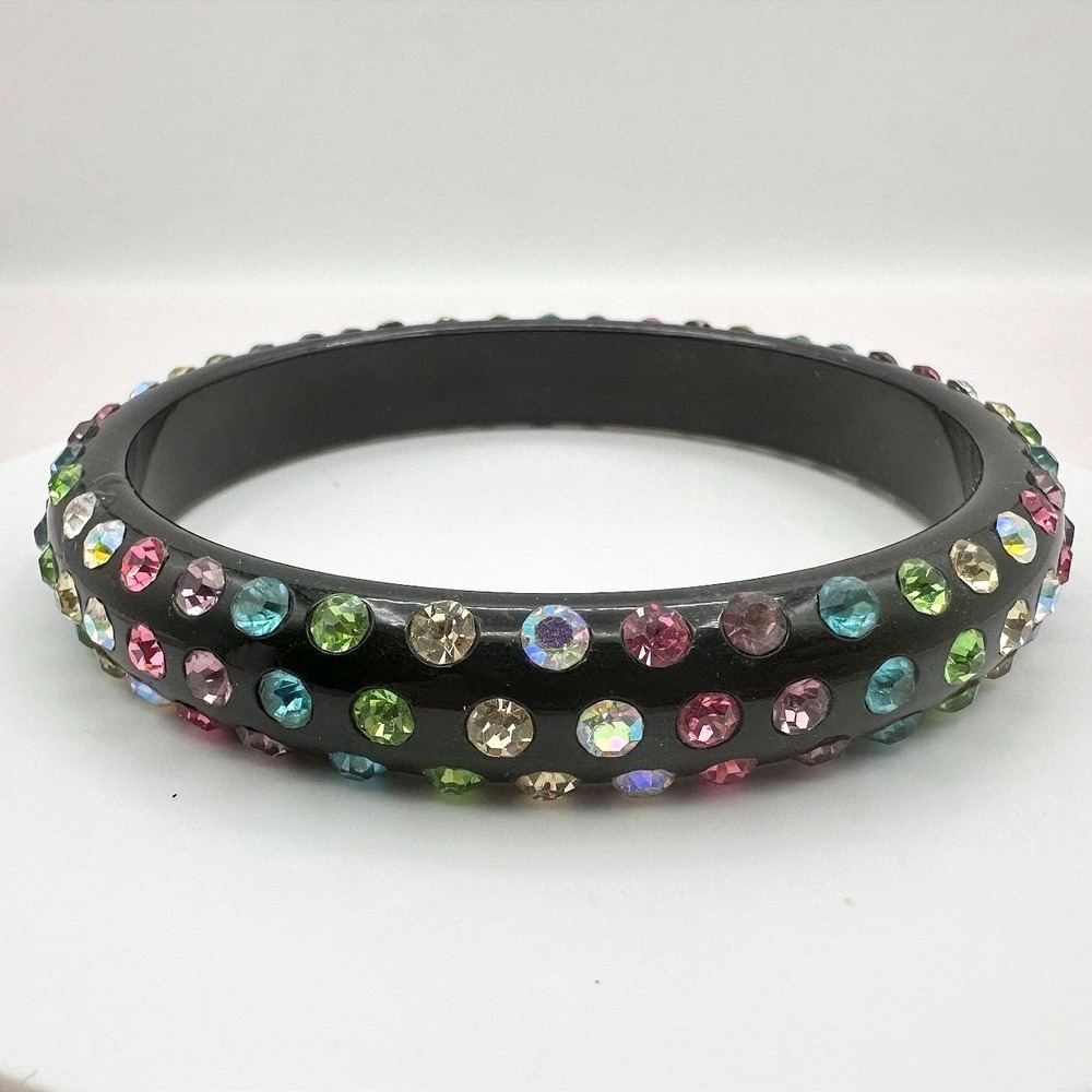 Vintage 80s Black Bangle Bracelet Multicolor Glass Inset Classic Fashion Jewelry